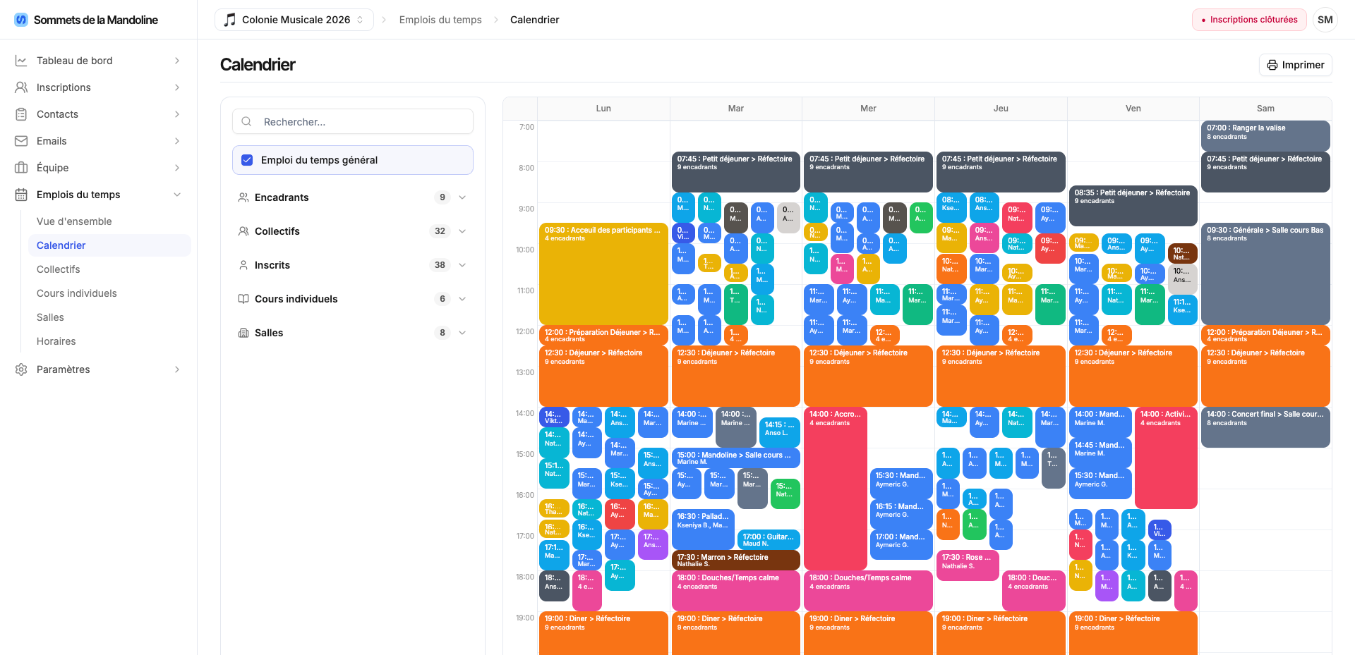Calendrier StageBoard — emploi du temps général de l'école